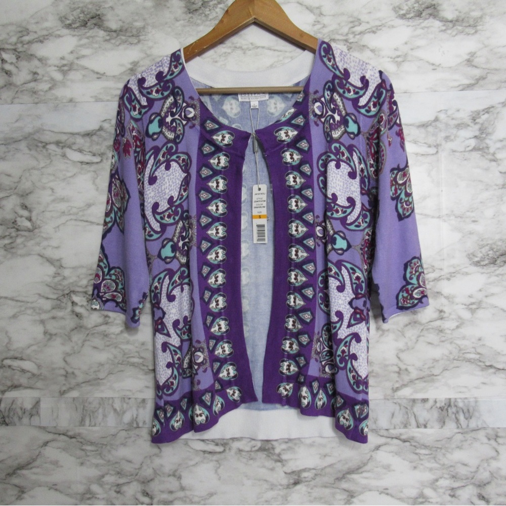 Joseph A. Purple Print 3/4 Sleeve Cardigan Size Small NWT